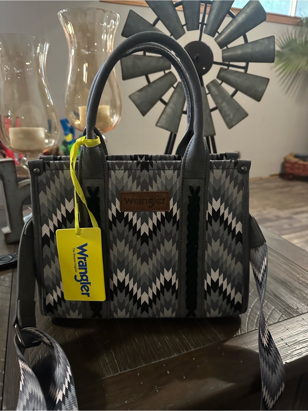 Wrangler Gray and Black Mini Tote with Geometric Pattern